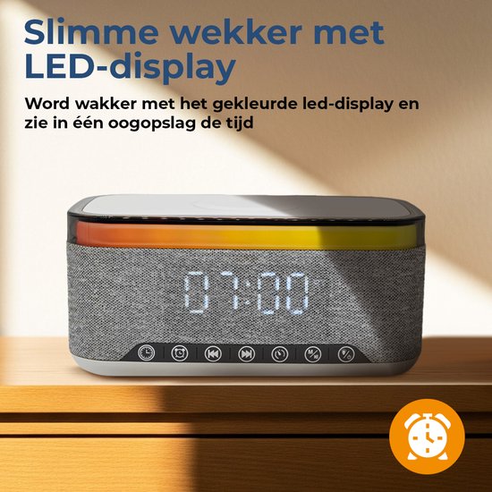 Denver Wecker mit kabellosem Ladegerät - Weißes Rauschen - Digitaler Wecker - Bluetooth - FM-Radio - Dualer Alarm - Dimmer - CRQ225