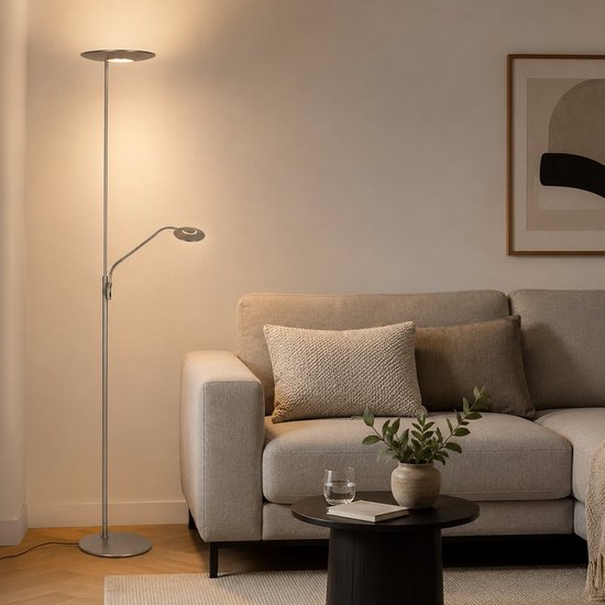 Stehlampe Zenith 2 4394ST aus Stahl mit Uplight und Lesearm – Steinhauer Exclusive, modernes Design, dreh- und neigbar, 4940 Lumen Lichtleistung, einstellbare Farbtemperatur von 2200 bis 4000 Kelvin