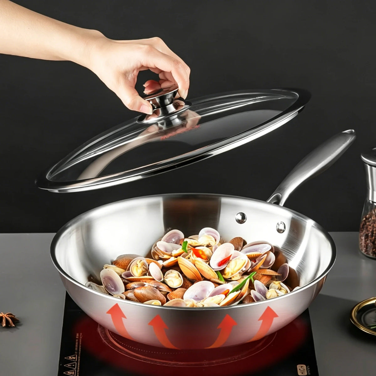 Maxcook MCC7911 Edelstahl-Wokpfanne 28 cm mit Glasdeckel