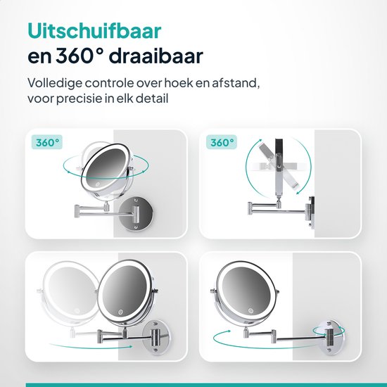 Mirlux Make-up-Spiegel mit LED-Beleuchtung - Wiederaufladbar - 5-fache Vergrößerung - Vergrößerungsspiegel mit Licht - Rasierspiegel - Badezimmerspiegel - Chrom