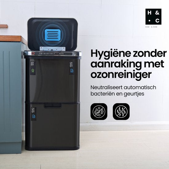 Hom&Com Mülleimer mit 3 Fächern, 60 l, schwarz – Automatischer Mülleimer mit Sensor – Soft-Close-Deckel, Ozonfunktion und Geruchsfilter für die Mülltrennung