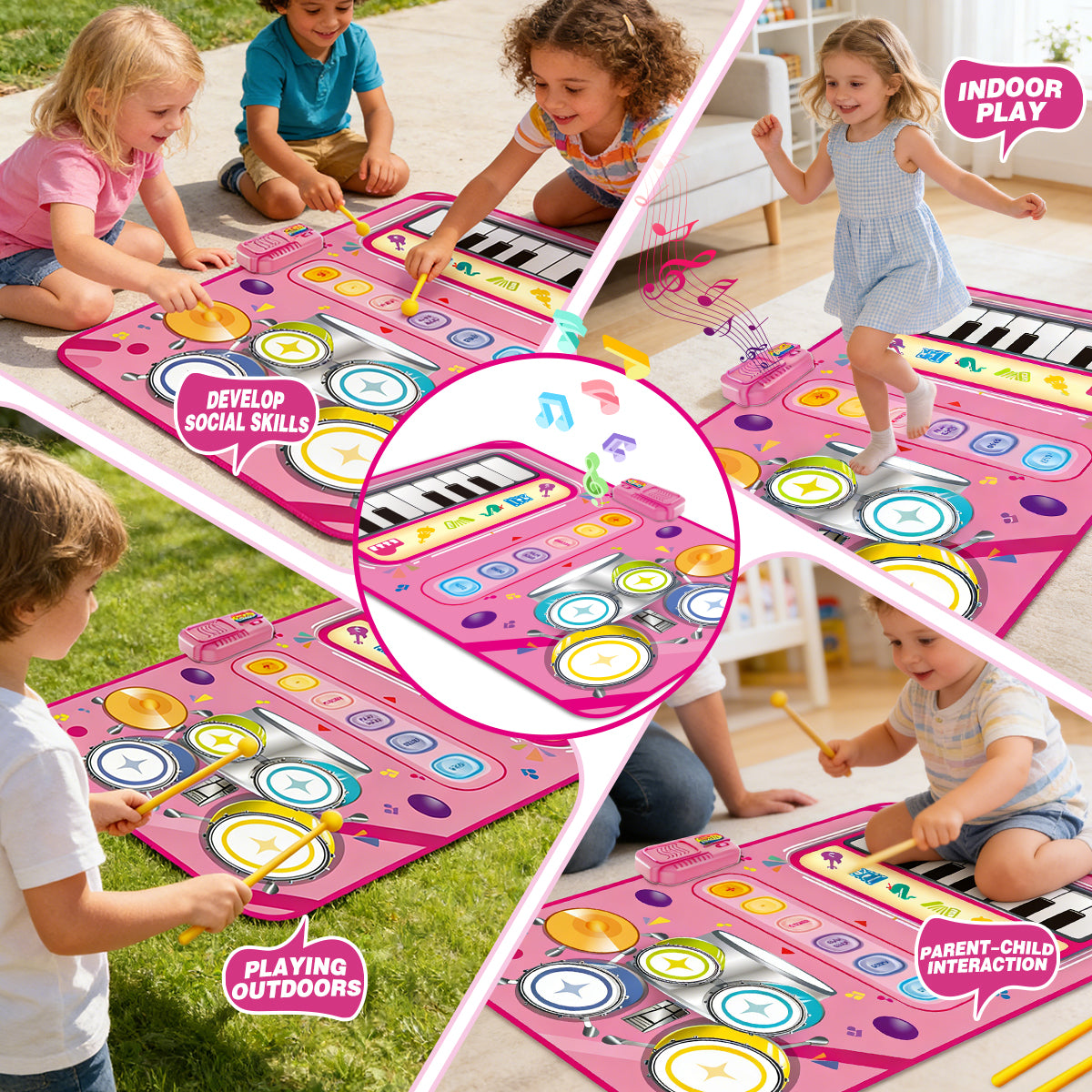 2-in-1-Spielmatte mit Klavier- und Jazz-Schlagzeug für Kinder, rosa