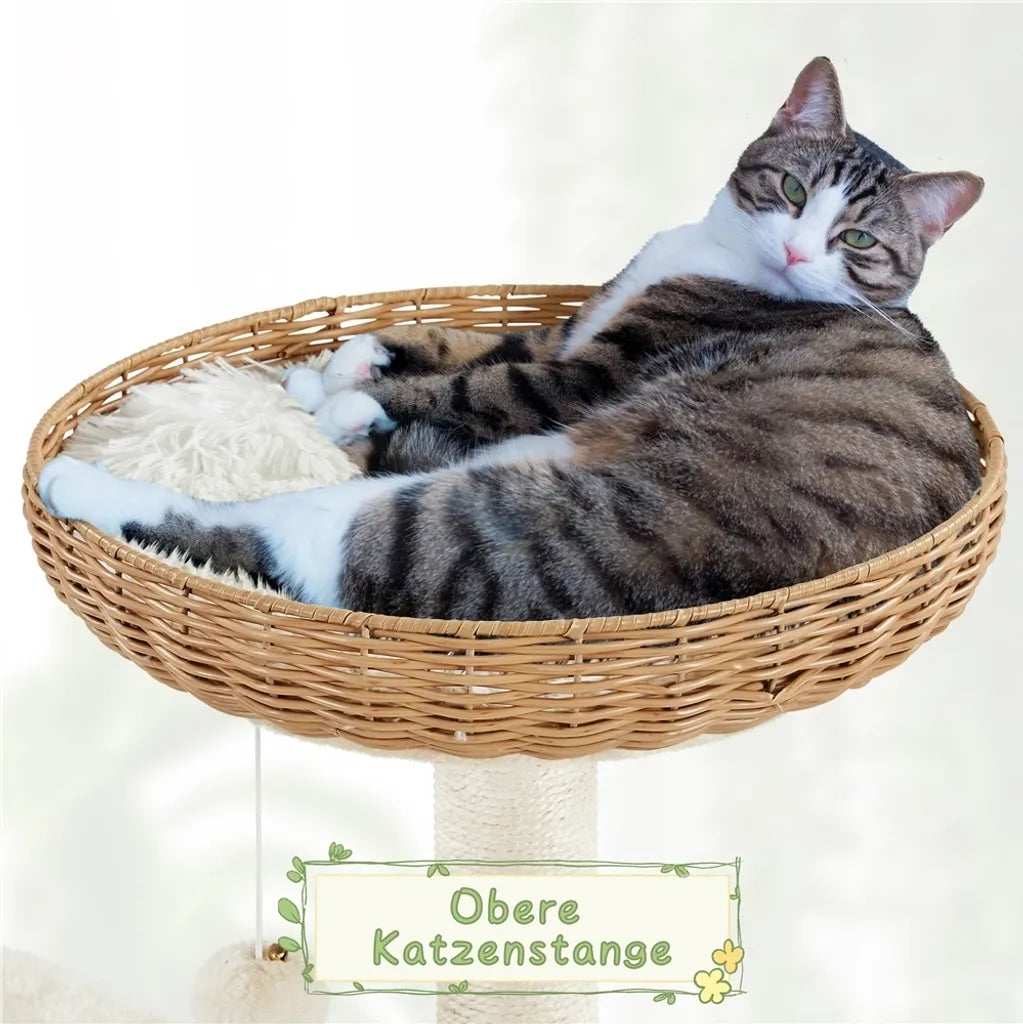 Yaheetech Kratzbaum 137,5 cm aus Rattan mit Katzenhaus, beige