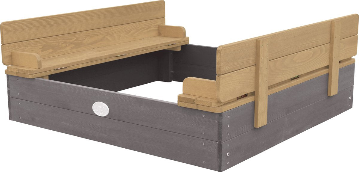 AXI Ella Sandkasten aus Holz 100 x 95 x 20 cm – Grau/Braun – Mit Deckel und 2 Sitzbänken – FSC-zertifiziertes Hemlock-Holz