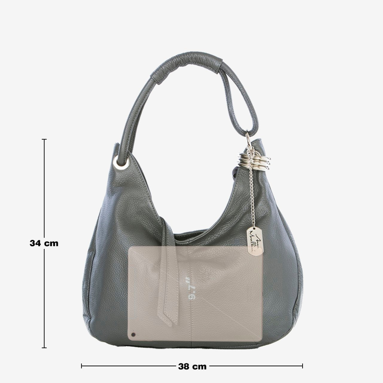 Anna Morellini Alba Hobo-Tasche – Echtes Rindsleder – Ash – 38 x 34 x 10 cm