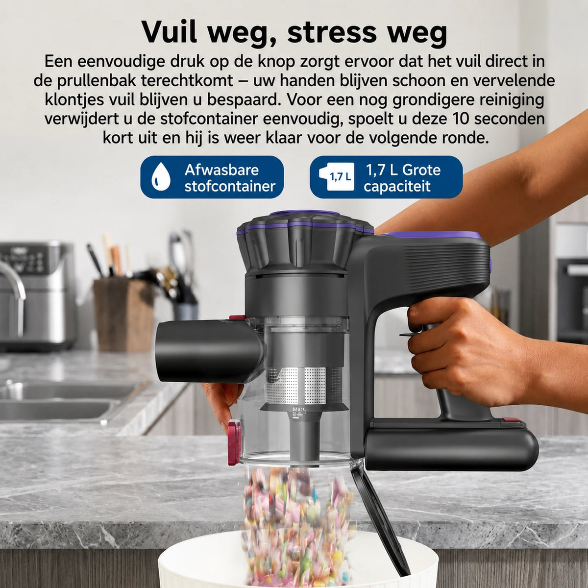 Monsga ME03 Kabelloser Stabstaubsauger – 550 W – 55 kPa – 55 Min. Laufzeit – 1,2 kg – Anti-Verfilzungsbürste – Herausnehmbarer Akku – Grünes Kontrolllicht