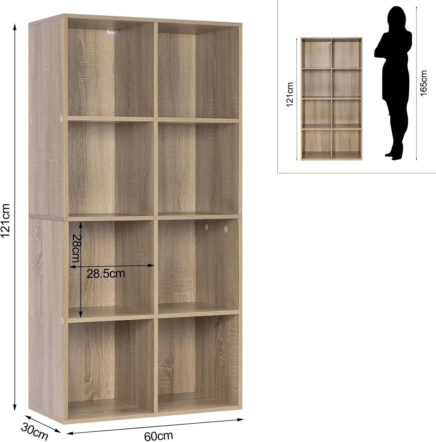 WOLTU Bücherregal mit 8 Fächern – Helle Eiche – 60 x 29,5 x 121 cm