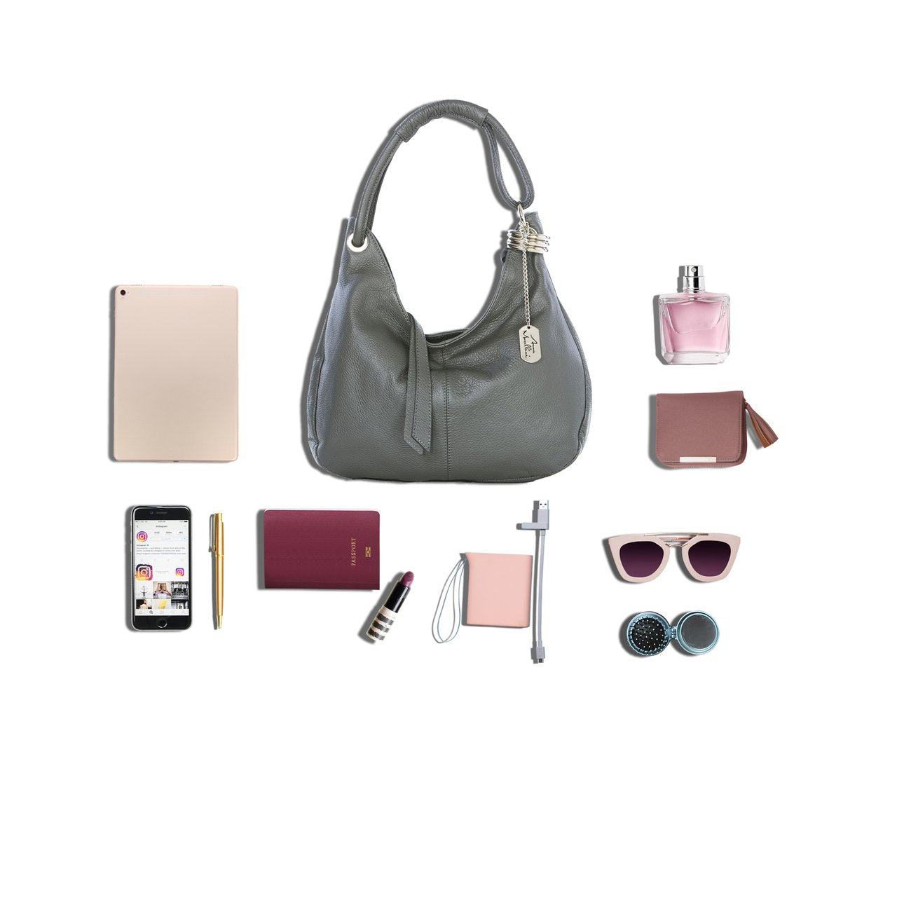 Anna Morellini Alba Hobo-Tasche – Echtes Rindsleder – Ash – 38 x 34 x 10 cm