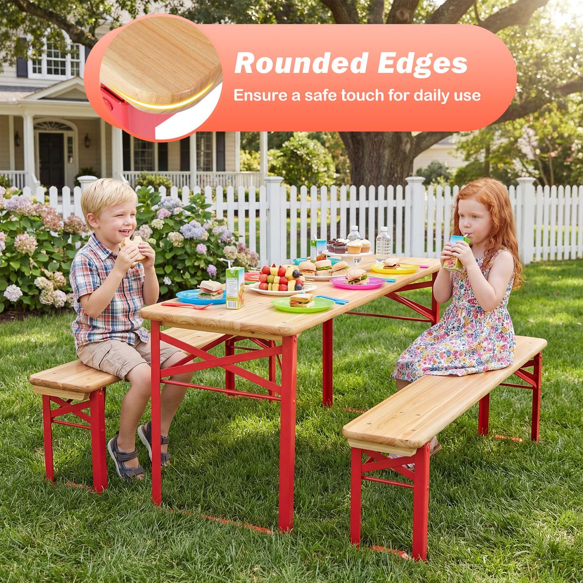Coast Kinder-Picknick-Set – klappbarer Picknicktisch mit 2 Bänken – Fichtenholz und Metall – rot