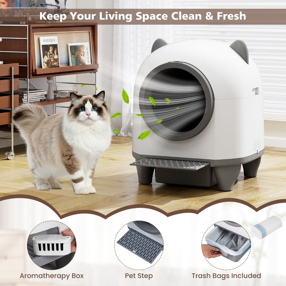 Coast Selbstreinigende Katzentoilette – automatische Katzentoilette mit App-Steuerung – flüsterleise – 80 Liter – weiß