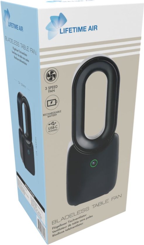 Lifetime Air Bladeless Fan - Leiser Ventilator mit drei Geschwindigkeiten - Kabelloser Tischventilator - Tischventilator mit LED-Stimmungslicht - USB-C wiederaufladbar - Kompaktes Design - 5W - Schwarz
