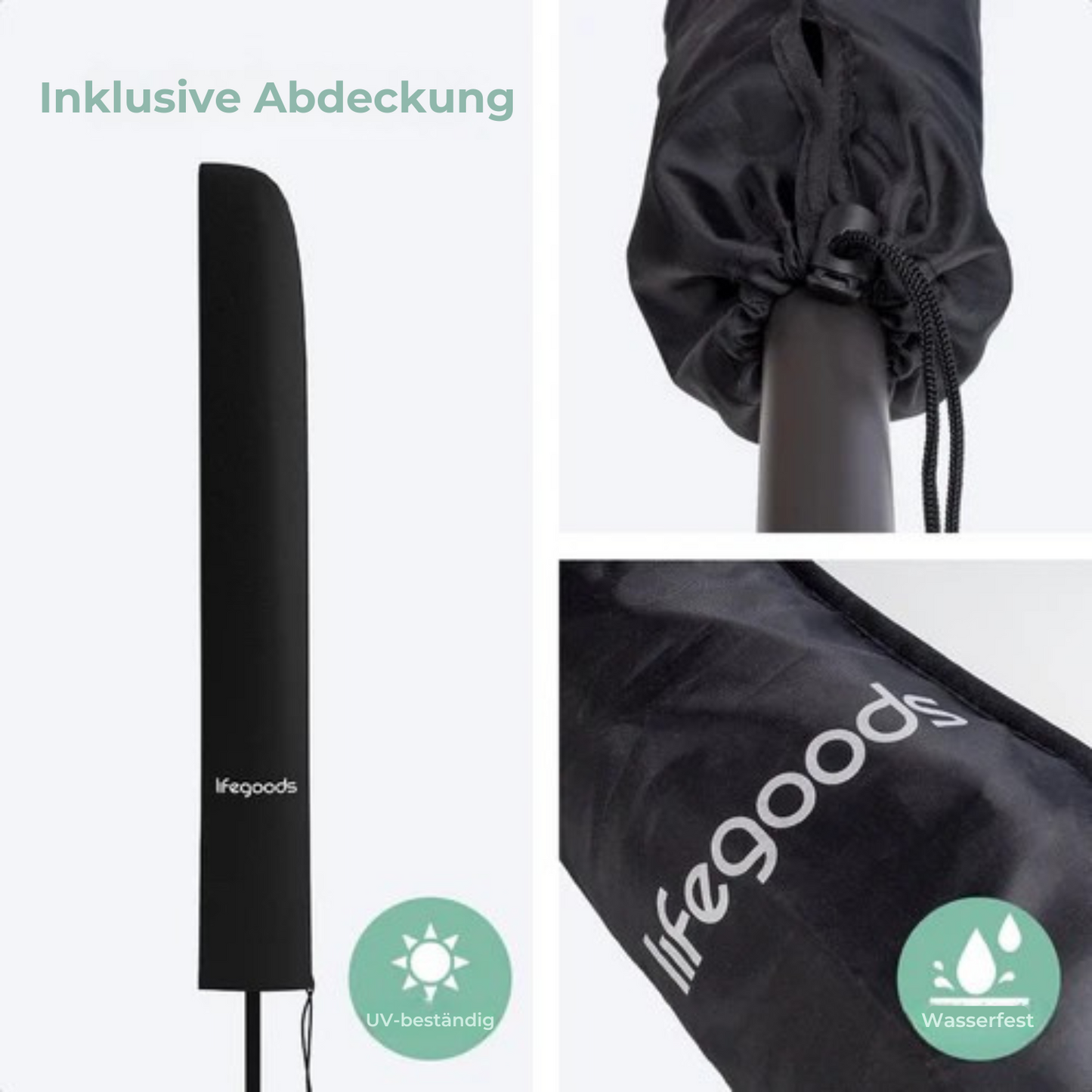 LifeGoods - Sonnenschirm - 200x125cm - 30° neigbar - Wasserdicht - mit Bezug - Grau