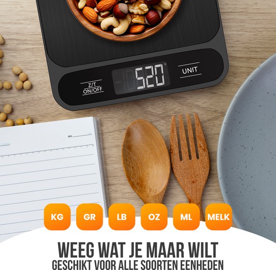 Strex Küchenwaage Digital - Küchenwaage - 1 g bis 10 kg - Tara-Funktion - Batterien enthalten - Schwarz