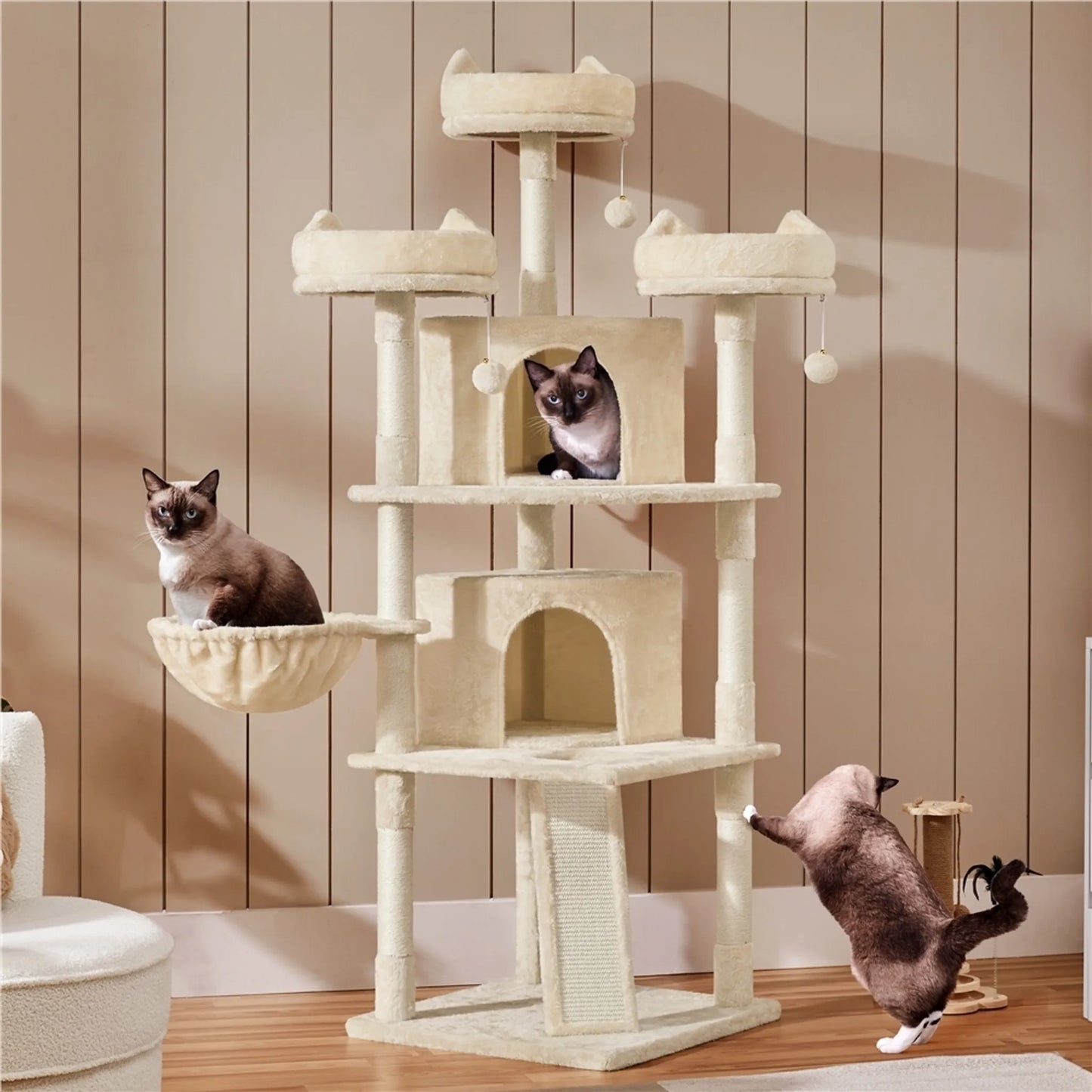 Yaheetech Katzenpfosten XXL mit 3 Aussichtsplattformen - Ausgestattet mit 2 Katzenhöhlen und Kratzbrett und Anti-Kipp-System - Für Haushalte mit mehreren Katzen - Beige Plüsch und Sisal - 55,5 x 55,5 x 175 cm