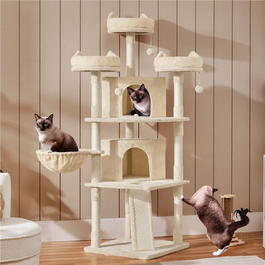 Yaheetech Katzenpfosten XXL mit 3 Aussichtsplattformen - Ausgestattet mit 2 Katzenhöhlen und Kratzbrett und Anti-Kipp-System - Für Haushalte mit mehreren Katzen - Beige Plüsch und Sisal - 55,5 x 55,5 x 175 cm