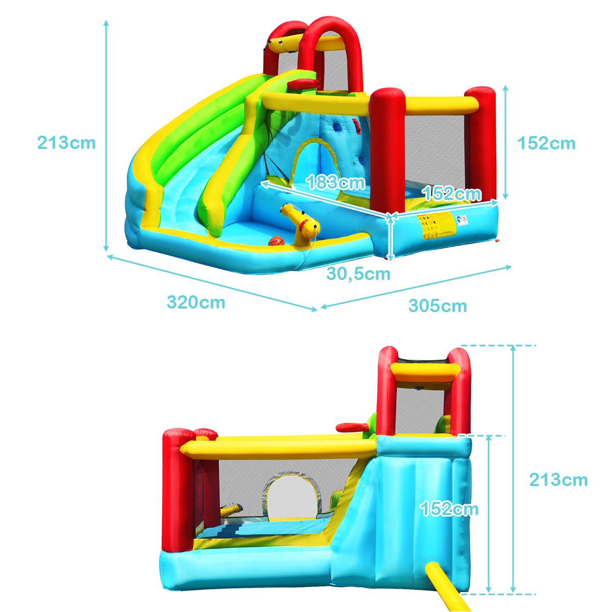 Coast Aufblasbare Hüpfburg 6-in-1 – Geschwungene Rutsche – Kletterwand und Wasserkanone – 320 x 305 x 213 cm