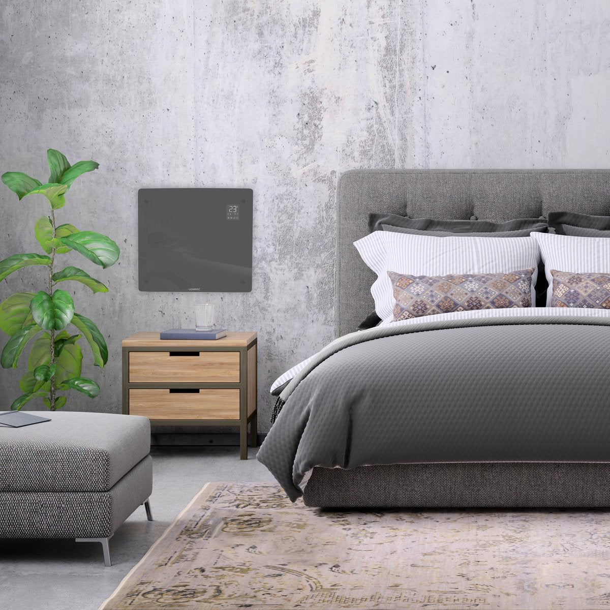 VONROC Luxus-Elektrokonvektor mit Glasscheibe - 500W/1000W - Wifi & manuelle Steuerung - einstellbarer Thermostat und Timer - heizt bis zu 12m² - Grau