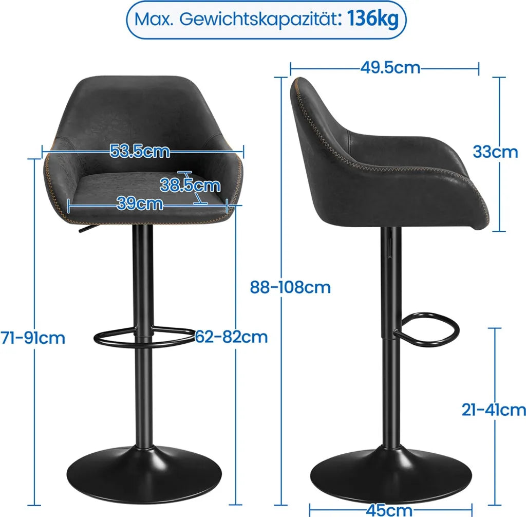 Yaheetech Barhocker 2er Set - Schwarzes Kunstleder - Verstellbar 87,5-107,5 cm - 360° drehbar mit Rückenlehne und Fußstütze