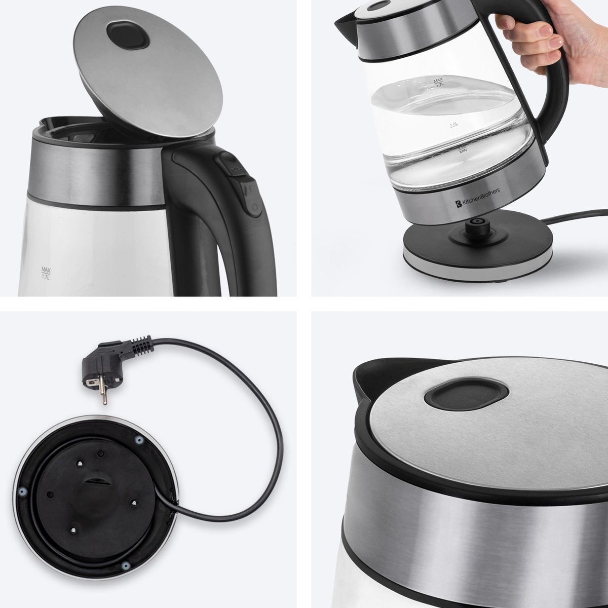 KitchenBrothers - Elektrischer Wasserkocher - Retro - 1,7L - mit Filter - 2200W - Glas - rostfreier Stahl