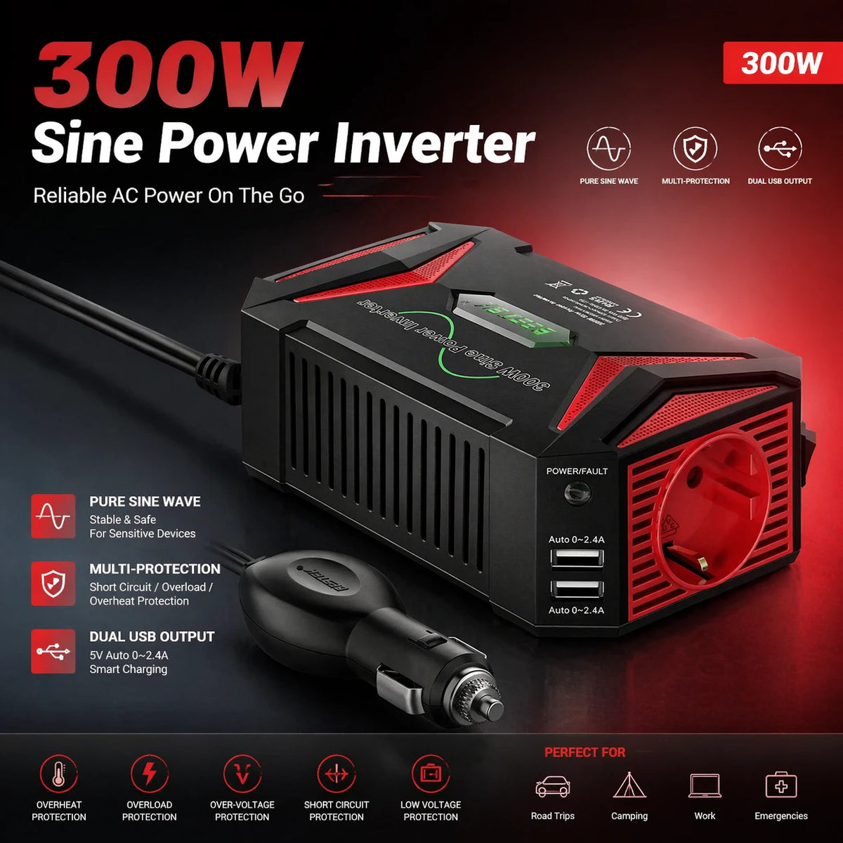 BESTEK Reiner Sinus-Wechselrichter – 12 V auf 230 V – 300 W – Rot