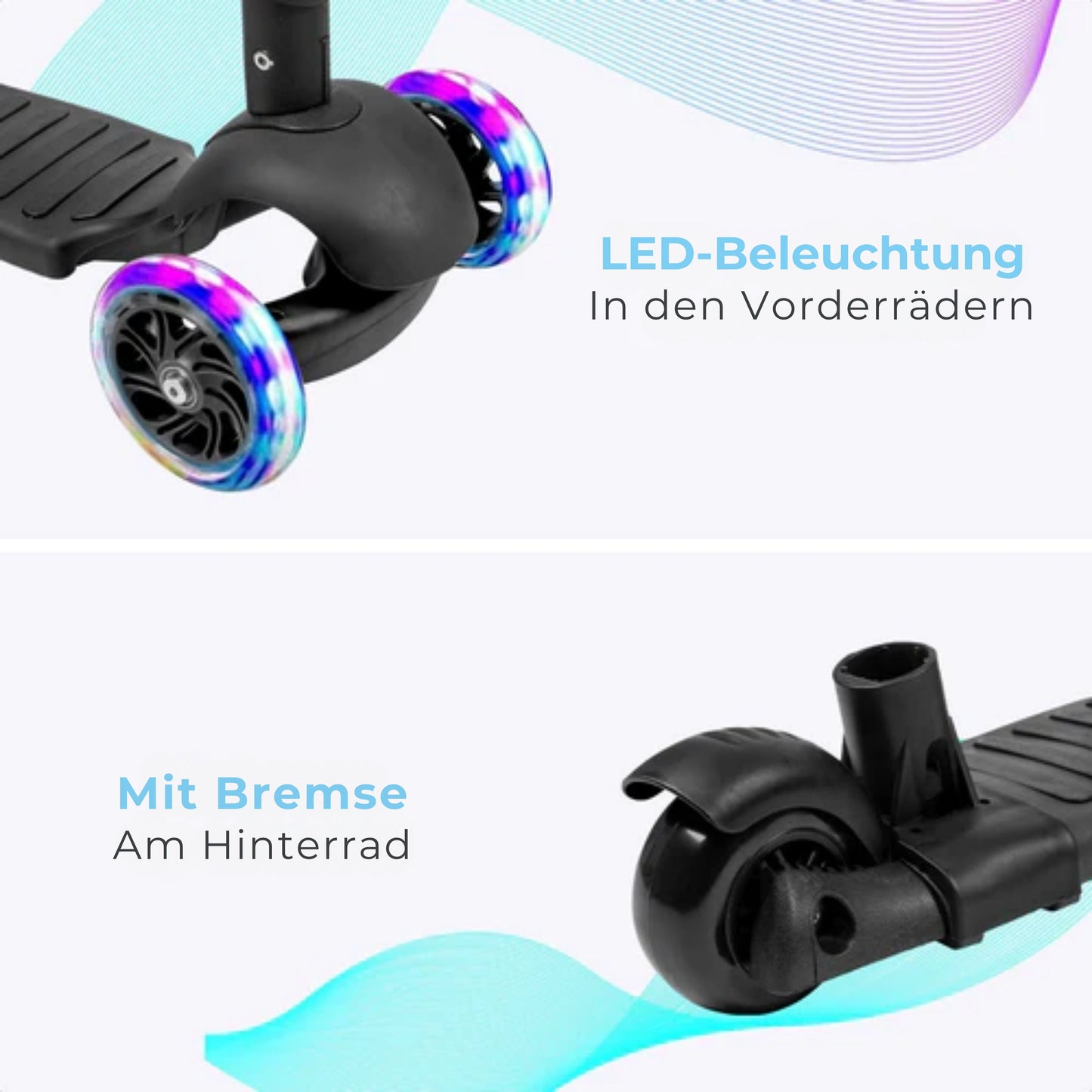 LifeGoods MultiRider - Kinder-Roller - Mit Schiebestange - 3 -8 Jahre - Jungen/Mädchen - 3 leuchtende Räder - Schwarz