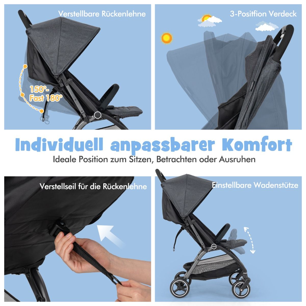 Coast Kinderwagen – leicht und zusammenklappbar – verstellbare Rückenlehne und Sonnendach – grau