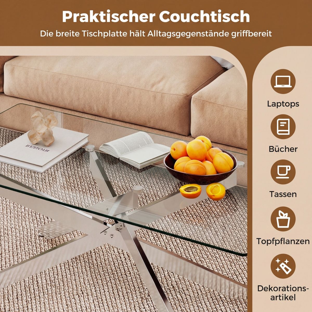 Coast Couchtisch – gehärtetes Glas – modernes Design – silber 120 x 60 x 45,5 cm