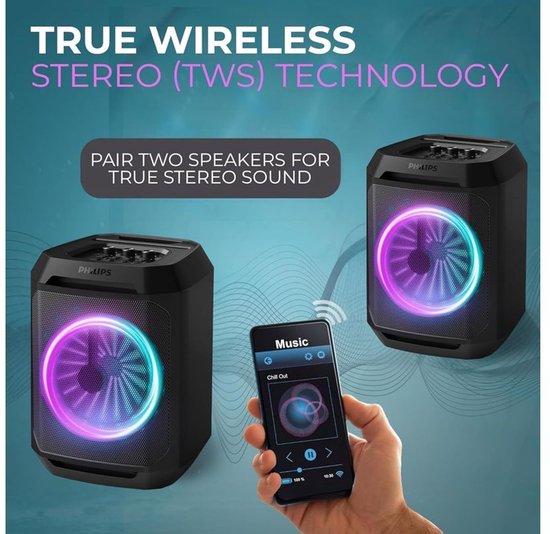 Philips Bluetooth Party Lautsprecher - Karaoke - Party-Lichter - DBB Bass Boost - Bis zu 7 Stunden Spielzeit - Schwarz