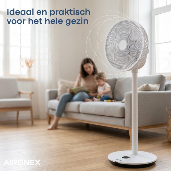 Aironex Ventilator – Leiser Standventilator mit 26 Geschwindigkeitsstufen – Steuerung per App – Geringer Stromverbrauch – Weiß – Mit Aromafunktion und WLAN – Timer und Nachtmodus – Höhenverstellbar – Horizontale + vertikale Schwenkfunktion