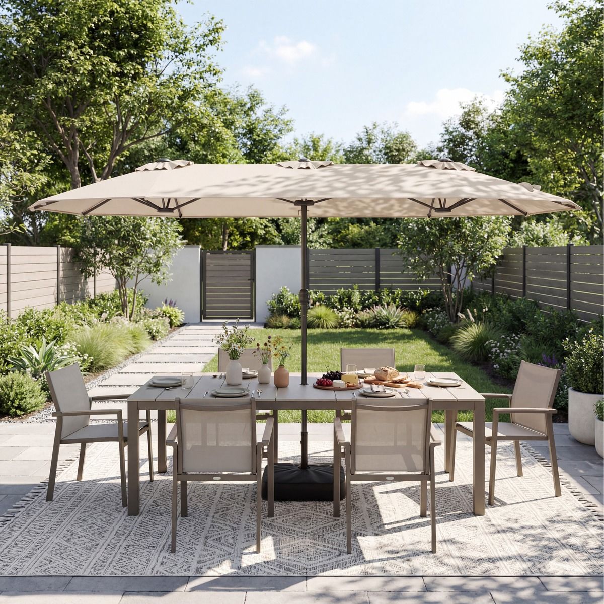 Coast Doppel-Terrassenschirm – extra groß – mit Kurbel und beschwertem Sockel – beige 400 x 212 cm