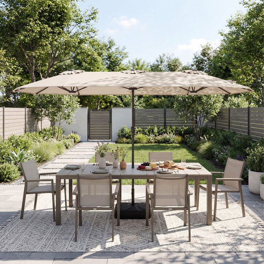 Coast Doppel-Terrassenschirm – extra groß – mit Kurbel und beschwertem Sockel – beige 400 x 212 cm