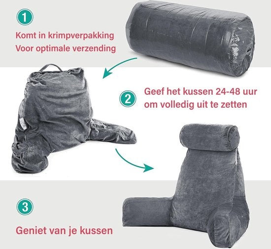 EL-Life Lesekissen - Mit Nackenrolle - Sitzkissen - Samt - 53 x 60 x 40 cm - Anthrazit