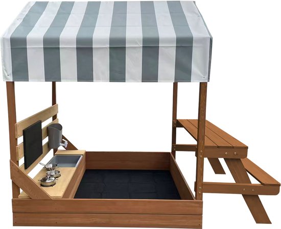 AXI Bo Sandkasten & Spielhaus 159 x 105 cm mit Spielküche und Picknicktisch, braun – FSC-Holz – Mit Kreidetafel und 6-teiligem Sandkasten-Zubehörset – Inklusive Abdeckplane und Bodenvlies – 10 Jahre Garantie