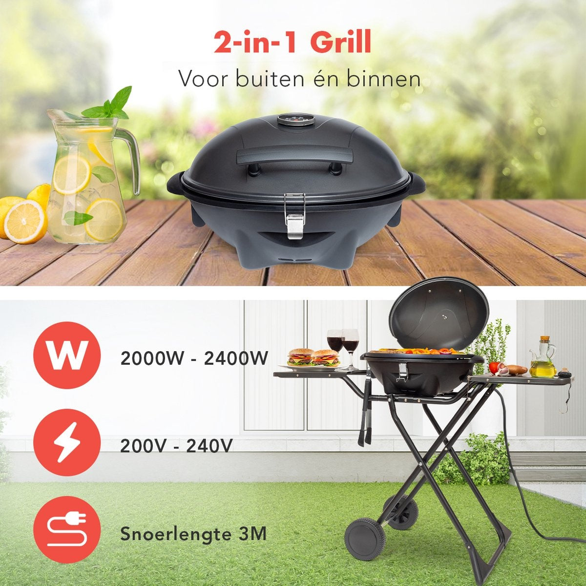 KitchenBrothers Elektrogrill - mit Rädern - klappbar - Antihaftbeschichtung - 46,5 x 33,8cm - bis zu 250Â°C - 2400W - Schwarz