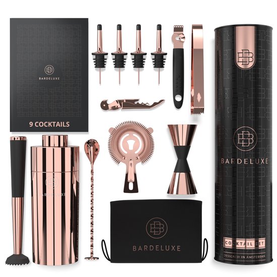 BarDeluxe® Cocktail-Set – 12-teilig – Cocktailshaker 750 ml – Edelstahl – inklusive luxuriöser Geschenkbox – Aufbewahrungstasche & Rezeptbuch – Roségold