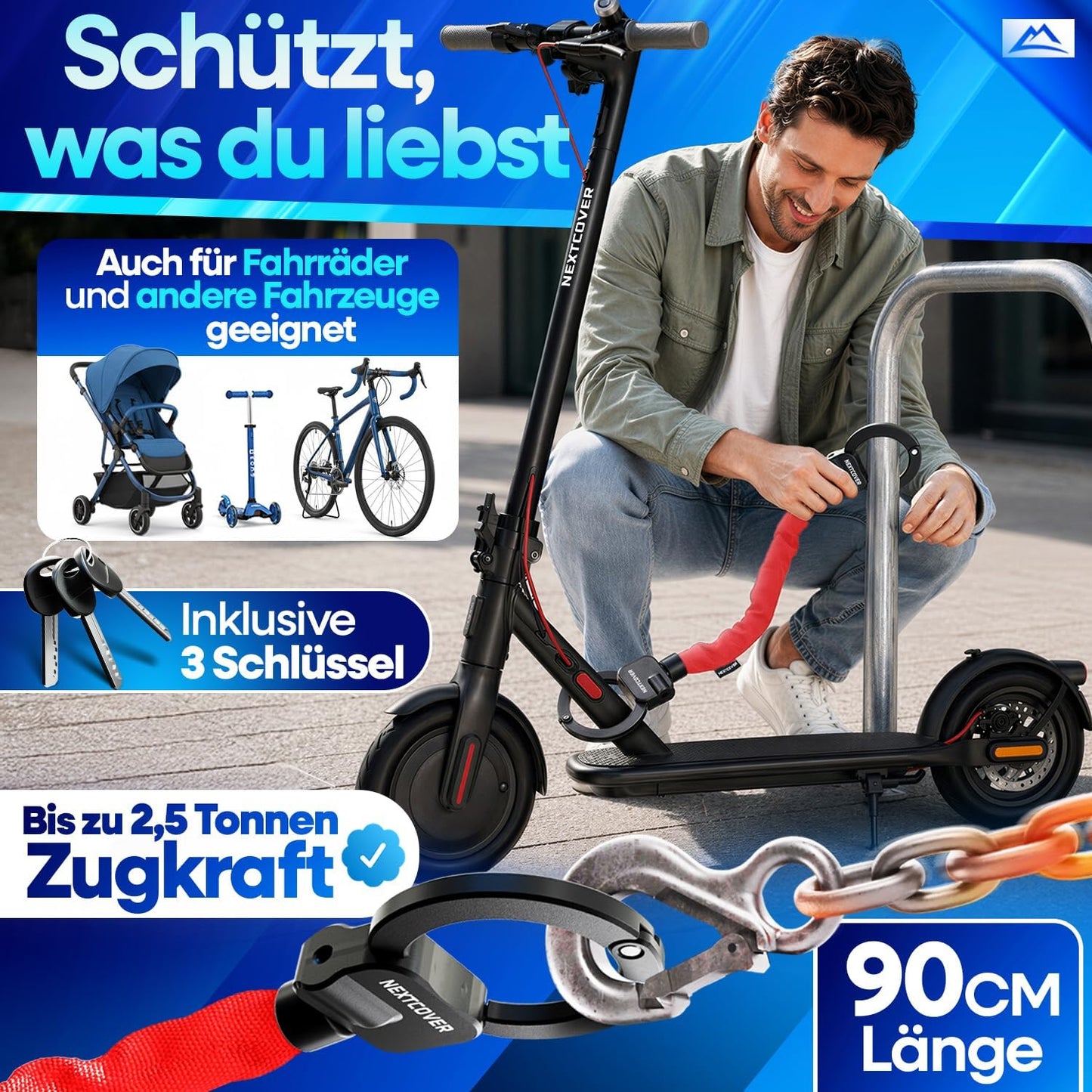Nextcover E-Scooter-Schloss „Steel-Secure“ Kettenschloss – Rot – 25 x 13 x 13 cm – Schlüssel-Schloss für E-Bike und Roller