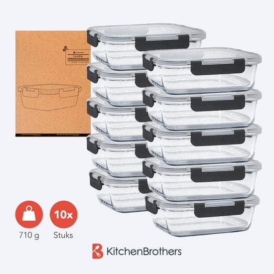 KitchenBrothers Meal Prep Trays - Frische-Schalen-Set - luftdicht - BPA-frei - 1L - Glas - 10 Stück