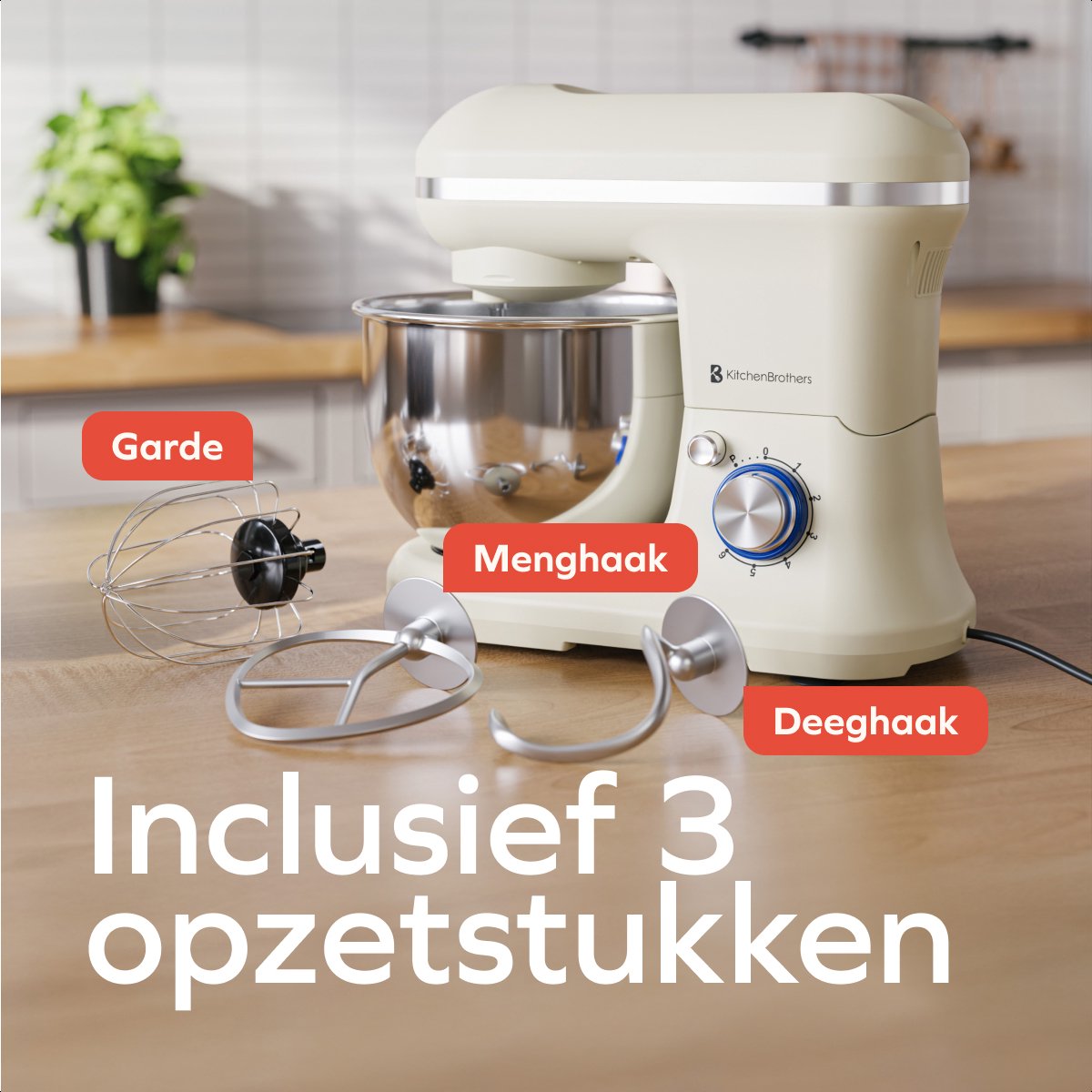 KitchenBrothers Küchenmaschine - 1200W - 5L Rührschüssel - 6 Geschwindigkeiten + Pulse - Küchenroboter mit Knethaken, Schneebesen & Rührhaken - Champagner