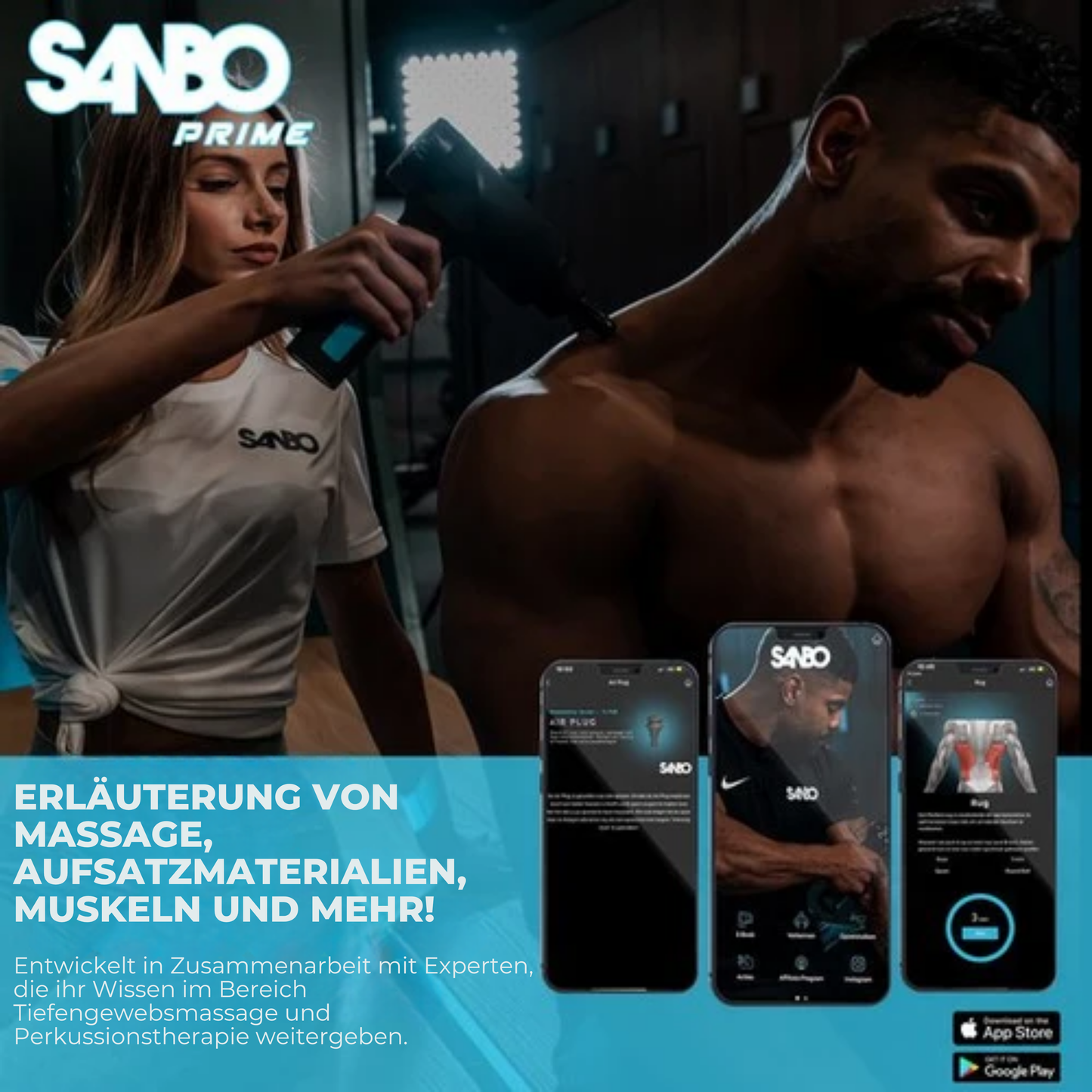 Sanbo Massage Gun Prime - Sport- und Entspannungsmassage - Profi - Inklusive Etui & App - Massagegerät - Fitness - Schwarz/Blau