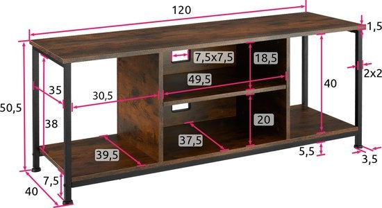 tectake - TV-meubel met 4 open vakken en verstelbare plank - industrieel donkerbruin - afm. 120 x 40 x 50,5 cm - 404644