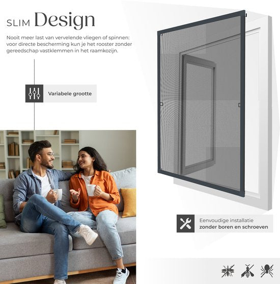 tectake® Einsteck-Insektenschutzgitter – Fenstergitter – 130 x 150 cm – Für Fensterrahmen, individuell anpassbar ohne Bohren und Schrauben – Mückengitter – Anthrazit