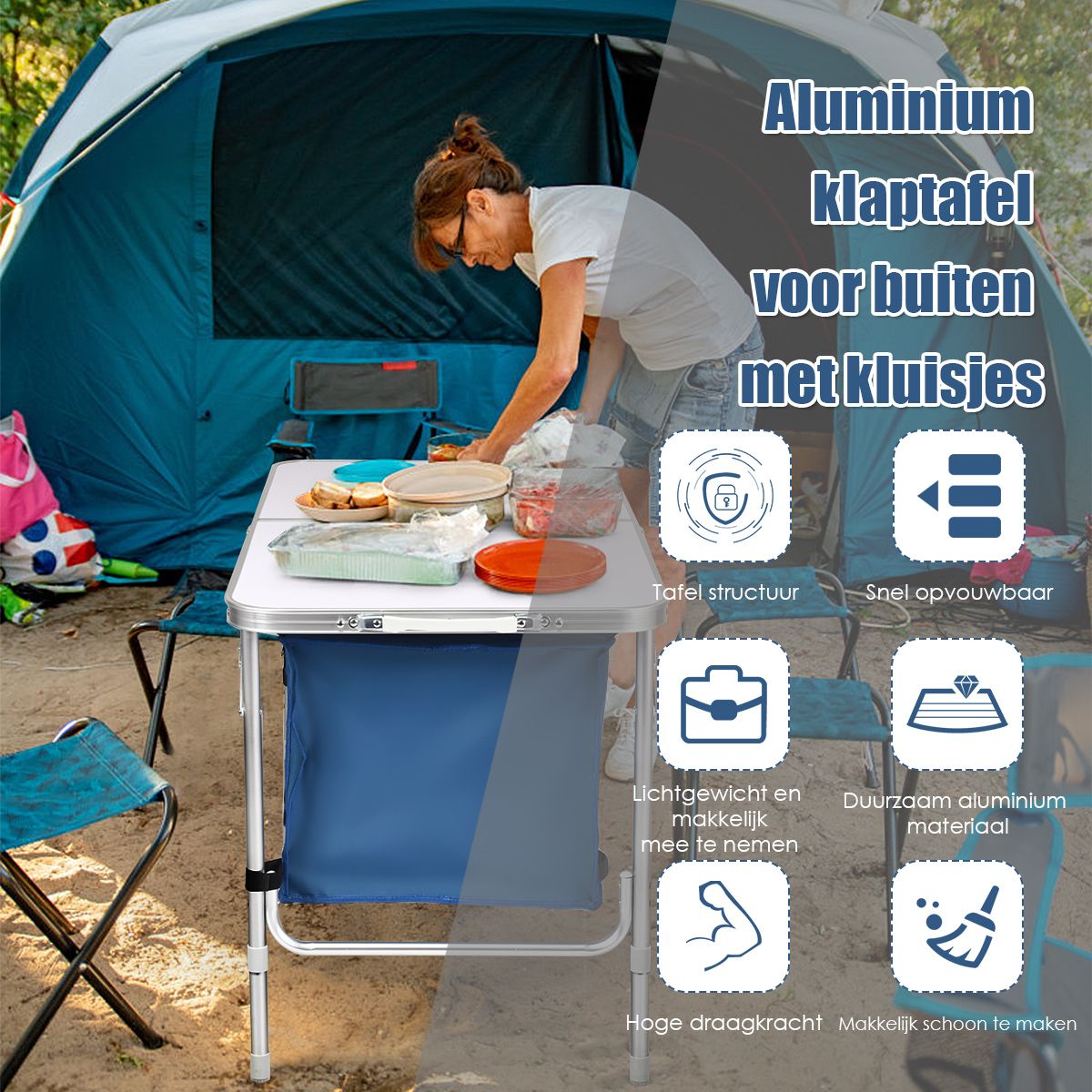 Coast Campingtisch mit Stauraum – höhenverstellbar – zusammenklappbar – dunkelblau 120 x 60 cm