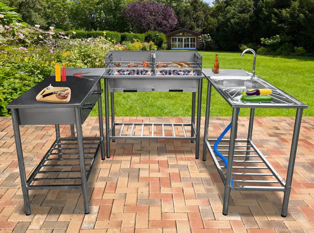 Garten Beistelltisch BBQ Barbecue - 100x50.5x87cm - Verstellbar - 2 Schubladen - Edelstahl