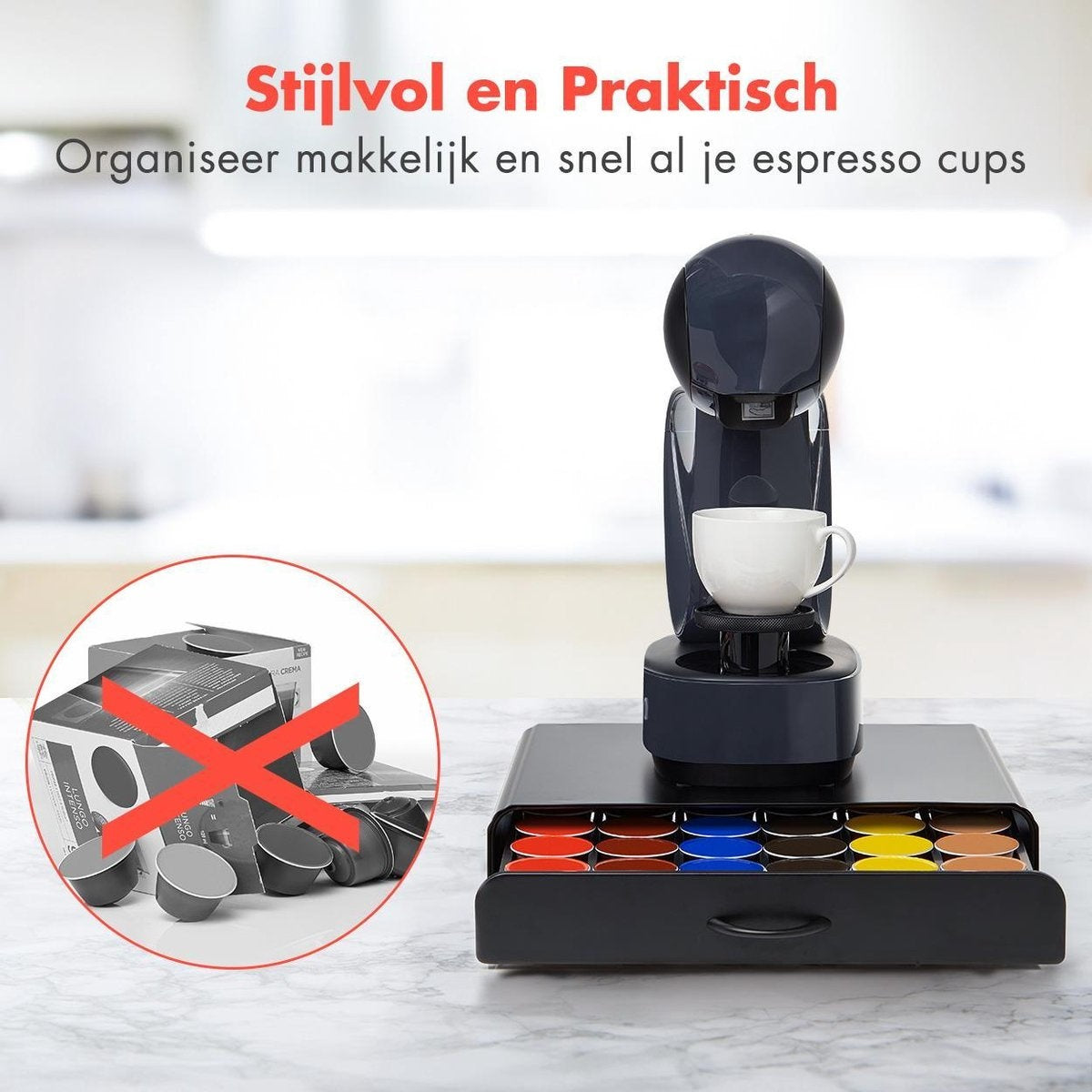 KitchenBrothers Kapselhalter - mit Schublade - Dolce Gusto - 36 Kapseln - Edelstahl - Schwarz