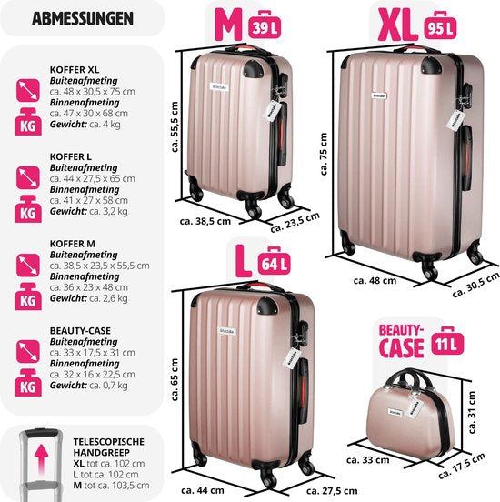 tectake - 4-teiliges Reisekofferset inklusive Koffertrolley und Gepäckwaage, 360° Rollen, Hartschalenkoffer mit Zahlenschloss, großer Koffer, stapelbar, Trolley Handgepäck - rosegold