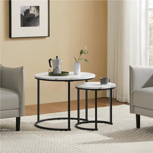 Yaheetech Couchtisch-Set, 2er-Set – Weiß – Rund – Ø 60 x 50,5 cm und Ø 40 x 41,5 cm
