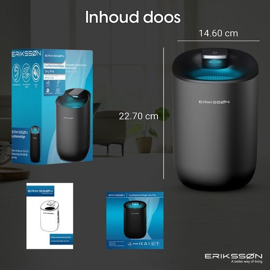 ErikssÃ˜n Luftentfeuchter Dry Pro - Entfeuchtet bis zu 0,6 Liter pro Tag - Geeignet für Schlafzimmer und Badezimmer und Wohnzimmer und Keller - Luftentfeuchter