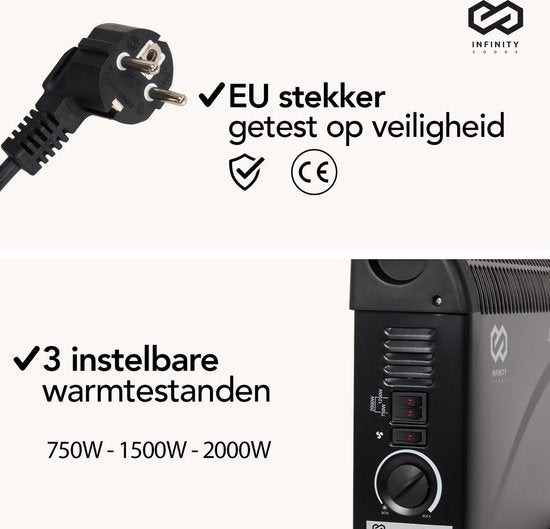 Infinity Goods - Elektrischer Konvektor - Turbofunktion und Gebläse - 750 / 1500 / 2000W - Einstellbarer Thermostat - Heizkörperheizung - Überhitzungsschutz - 35m² - Schwarz