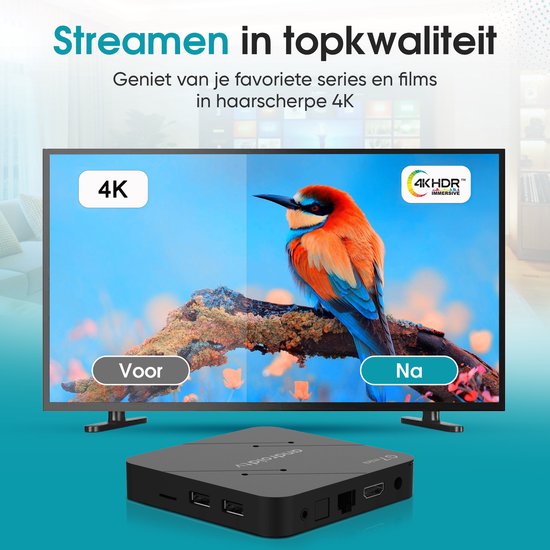 Tibagoods Mediaplayer - Android TV Box 4K HDR - Geeignet für Chromecast Streaming - Mediabox - TV Dongel - Streaming Box mit Wifi - Erstellen Sie Ihren SMART TV - Geeignet für alle Arten von Streaming-Apps