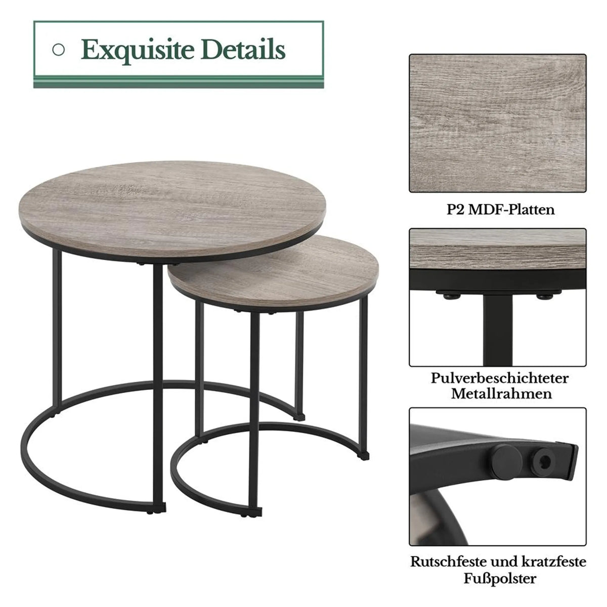 Yaheetech Beistelltisch-Set, 2er-Set, rund – mit ineinander verschiebbarem Design, wasserabweisender Tischplatte und Metallgestell – für Wohn- und Schlafzimmer – graues MDF – 60 x 60 x 50,5 cm
